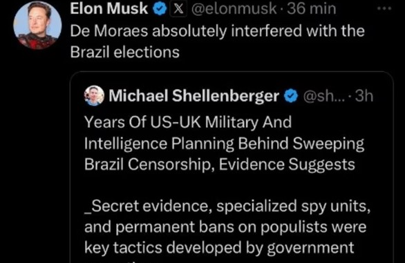 Musk sobe tom e diz que Moraes “interferiu nas eleições do Brasil”
