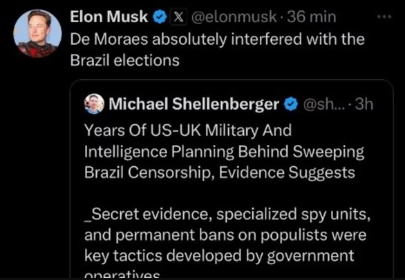 Musk sobe tom e diz que Moraes “interferiu nas eleições do Brasil”