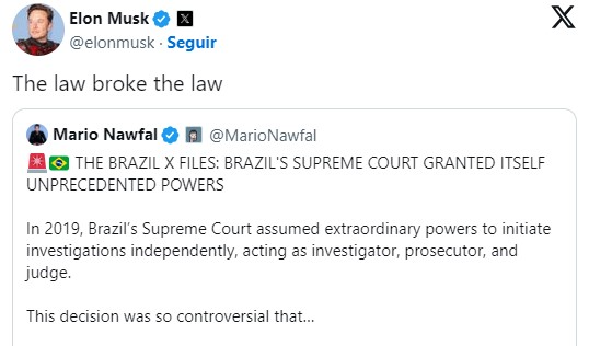 ‘A lei quebrou a lei’, diz Elon Musk sobre decisões do ministro do STF Alexandre de Moraes